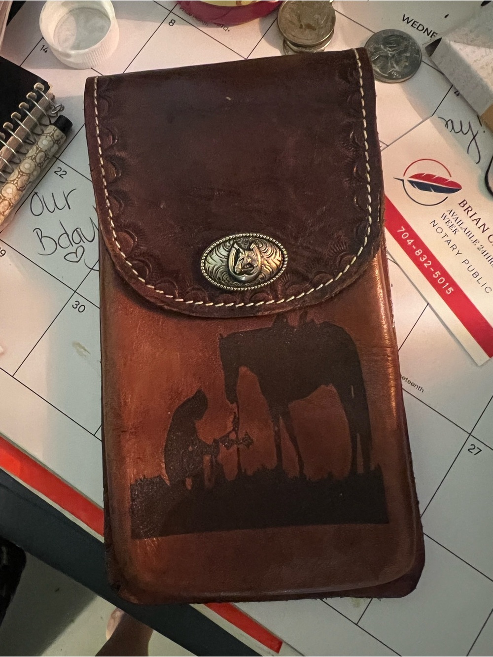 Hand Crafted Brown Leather Belt Pouch with Horse Silhouette